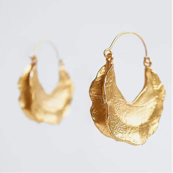 New African Fulani Basket Hoop Earrings 14K Gold Plated Textured Metal Boho - Picture 9 of 12